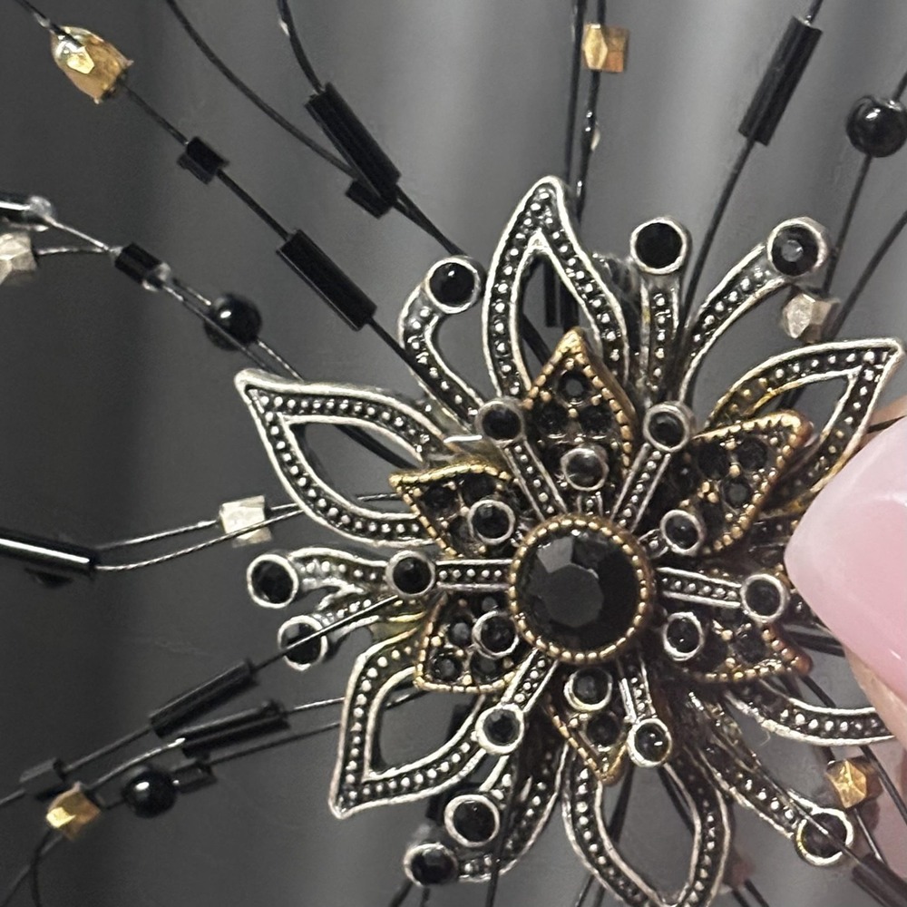 Large Statement Flower Starburst Brooch Pin Black Rhinestone Beaded Silver Tone - Picture 11 of 12